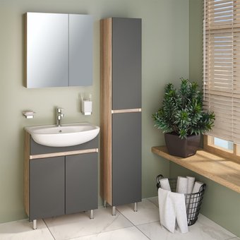 Runo Тумба с умывальником Runo Лада 60 + Уют 60 (напольная, дуб/графит)