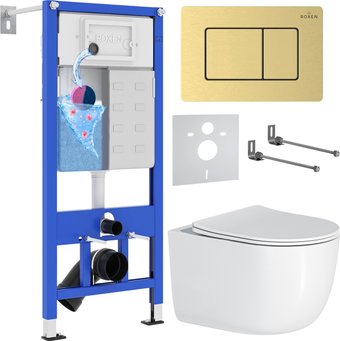 Унитаз подвесной Roxen Vortex в комплекте с инсталляцией StounFix Dual Fresh 6 в 1 968483 (кнопка: брашированное золото)