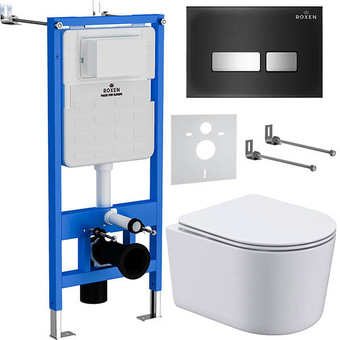 Унитаз подвесной Roxen Simple Compact в комплекте с инсталляцией StounFix Slim 6 в 1 965318 (кнопка: черное стекло)