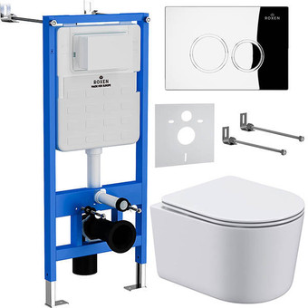Унитаз подвесной Roxen Simple Compact в комплекте с инсталляцией StounFix Slim 6 в 1 913681 (кнопка: хром глянец)
