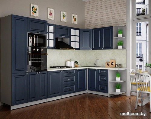 Готовая кухня Интерлиния Мила Шато 1.68x3.2 ВТ правая (индиго/индиго/опал светлый)