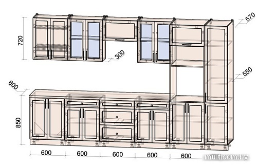 Готовая кухня Интерлиния Тренд 3.4В (мята/мята/дуб бунратти)