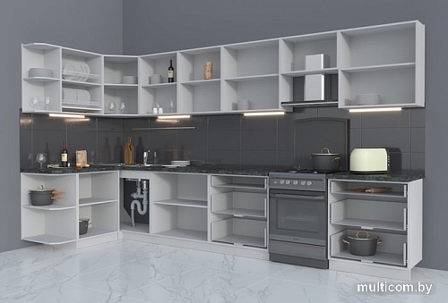 Угловая кухня Интерлиния Мила Матте 1.5x3.8 Б левая (луна/луна/травертин серый)