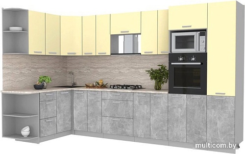 Готовая кухня Интерлиния Мила Лайт 1.68x3.4 левая (ваниль/бетон/травертин)