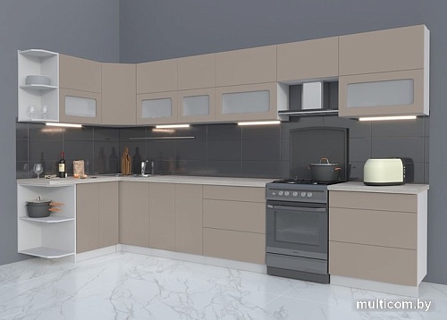 Угловая кухня Интерлиния Мила Матте 1.5x3.7 Б левая (луна/луна/травертин серый)