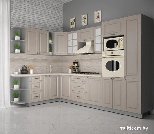 Готовая кухня Интерлиния Мила Деко 1.88x3.2 правая (луна-луна-травертин серый)