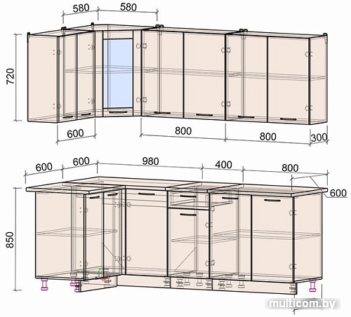 Готовая кухня Интерлиния Мила 12x22 (бетон-бетон-кастилло темный)