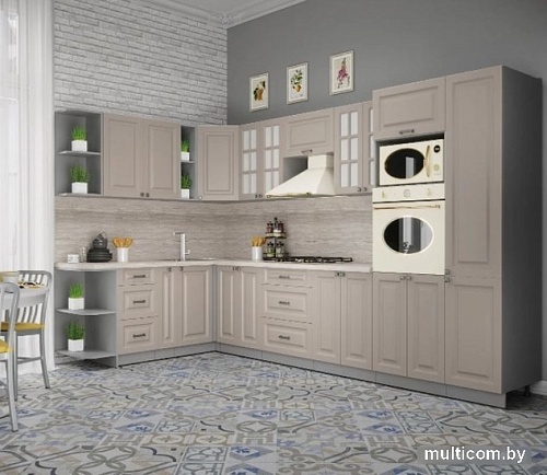 Готовая кухня Интерлиния Мила Деко 1.88x3.4 левая (луна-луна-травертин серый)
