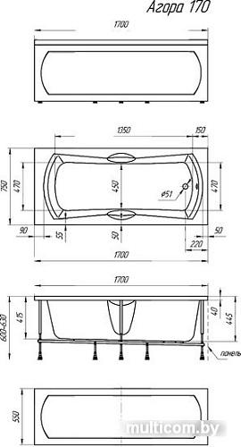 Ванна 1Марка Agora 170x75