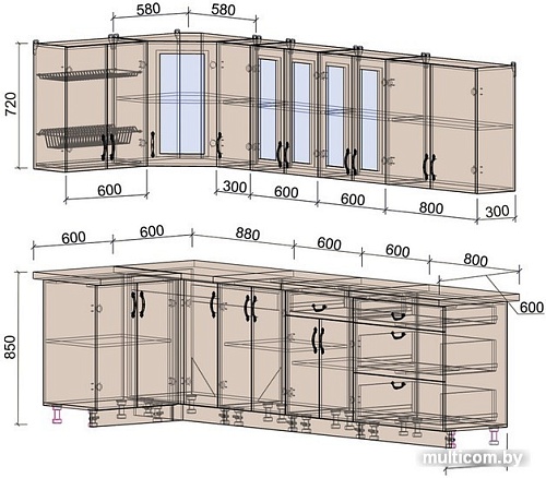 Готовая кухня Интерлиния Мила Крафт 1.2x2.9 (дуб полярный)