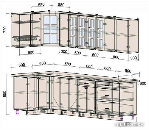 Угловая кухня Интерлиния Мила Деко 1.2x2.9 (белый/луна/травертин серый)