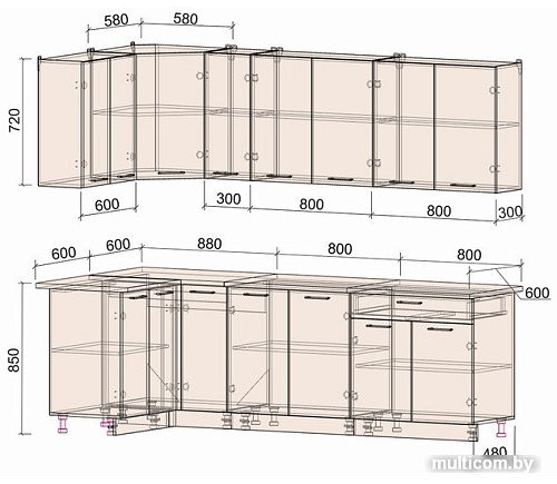 Готовая кухня Интерлиния Мила Лайт 1.2x2.5 (вудлайн кремовый-антрацит-бискайская сосна)