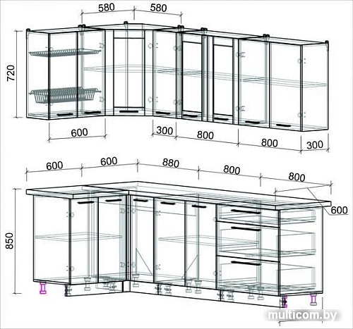 Угловая кухня Интерлиния Мила Пластик 1.2x2.5 (мрамор/белый глянец/кастилло темный)