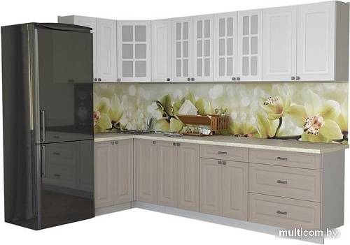 Угловая кухня Интерлиния Мила Деко 1.2x2.9 (белый/луна/травертин серый)