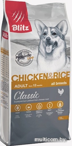Сухой корм для собак Blitz Classic Adult All Breeds Chicken & Rice (с курицей и рисом) 15 кг