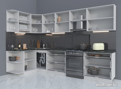 Угловая кухня Интерлиния Мила Матте 1.5x3.2 Б левая (луна/луна/травертин серый)