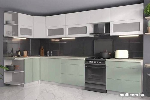 Готовая кухня Интерлиния Мила Матте 1.5x3.6 Б правая (белый-мята-опал светлый)