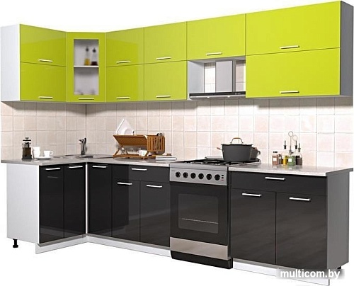 Угловая кухня Интерлиния Мила Gloss 60-12x30 (яблоко/черный глянец)