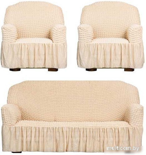 Комплект чехлов для дивана и кресла Софатэкс Люкс КПО 4 с оборкой (ваниль)