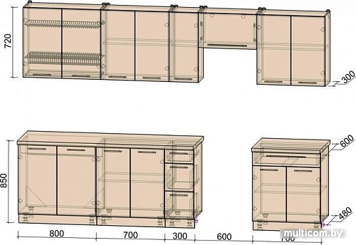 Кухня Интерлиния Мила Пластик 3.1 А (мрамор/белый глянец/кастилло темный)