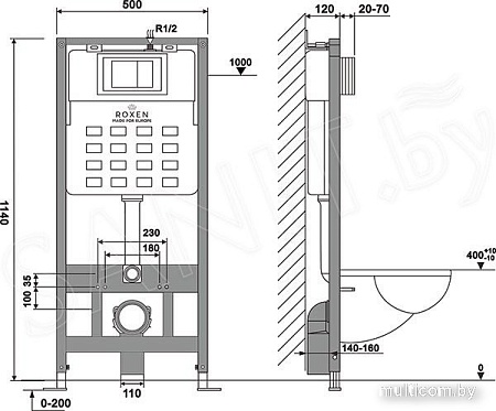 Унитаз подвесной Roxen Simple Compact в комплекте с инсталляцией StounFix Slim 6 в 1 966133 (кнопка: серый бетон)