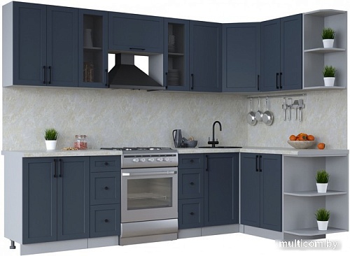 Готовая кухня Интерлиния Тренд 1.5x2.8 правая (индиго/индиго/опал светлый)