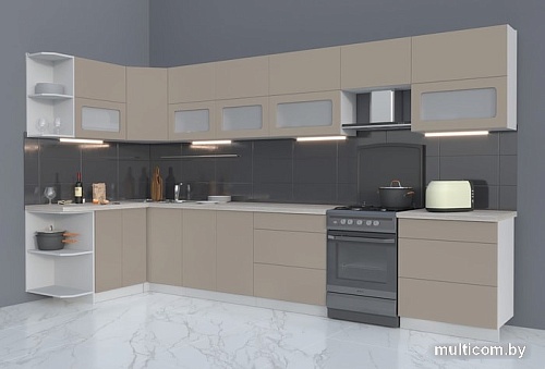 Угловая кухня Интерлиния Мила Матте 1.5x3.8 Б левая (луна/луна/травертин серый)
