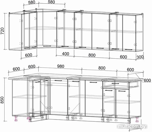 Готовая кухня Интерлиния Мила Лайт 1.2x2.4 (вудлайн кремовый-антрацит-бискайская сосна)