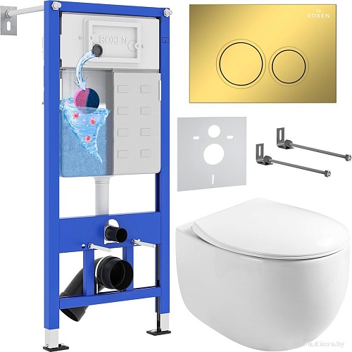 Унитаз подвесной Roxen Egg в комплекте с инсталляцией StounFix Dual Fresh 6 в 1 968031 (кнопка: золото глянцевое )