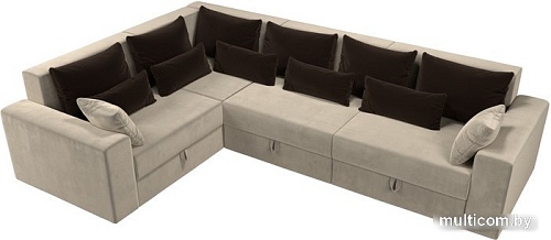 Угловой диван Лига диванов Майами Long 92 левый (микровельвет бежевый/подушки коричневые)