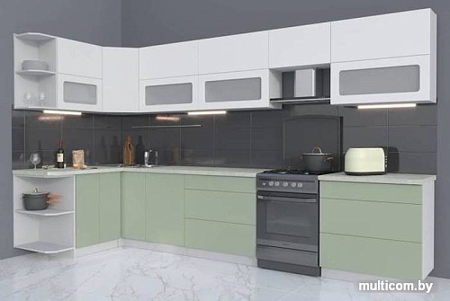 Готовая кухня Интерлиния Мила Матте 1.5x3.6 Б правая (белый-мята-опал светлый)