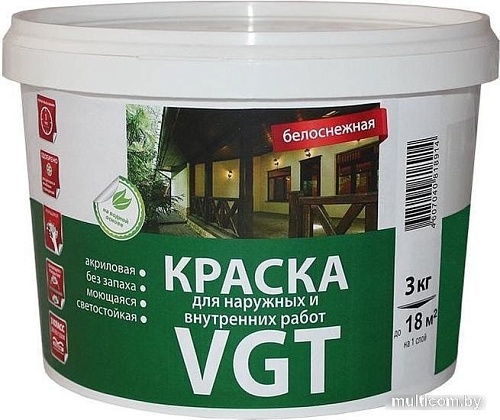 Краска VGT Для наружн/внутр. работ Моющаяся ВД-АК-1180 3 кг (белоснежный)