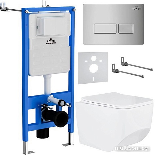 Унитаз подвесной Roxen BOro One Rimless 6 в 1 StounFix Slim 594218 (кнопка: хром)
