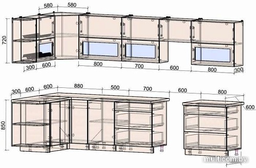 Готовая кухня Интерлиния Мила Матте 1.5x3.5 Б правая (океан-луна-травертин серый)