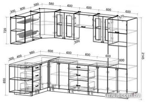 Готовая кухня Интерлиния Мила Деко 1.68x3.0 левая (океан-океан-травертин серый)