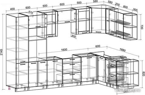 Готовая кухня Интерлиния Мила 1.88x3.2 правая без столешницы (дуб белый/дуб серый)
