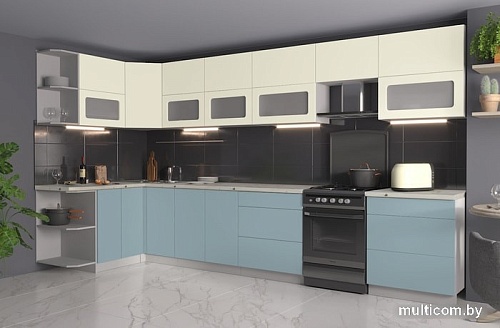 Угловая кухня Интерлиния Мила Матте 1.5x3.8 Б левая (слоновая кость/океан/опал светлый)