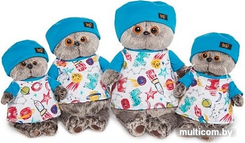 Мягкая игрушка Basik & Co Басик в футболке космос и в шапочке (22 см)
