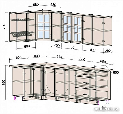 Готовая кухня Интерлиния Мила Деко 1.2x2.6 (индиго/индиго/опал светлый)