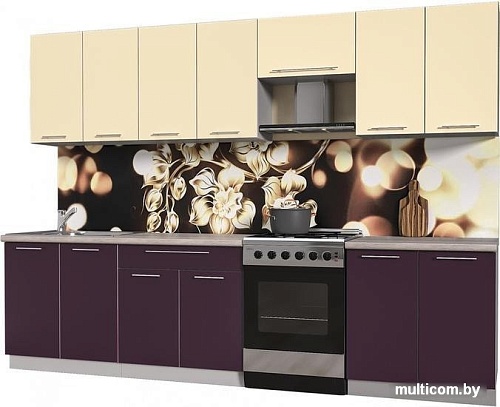 Кухня Интерлиния Мила Пластик 3.0 А (слива глянец/ваниль глянец/травертин)