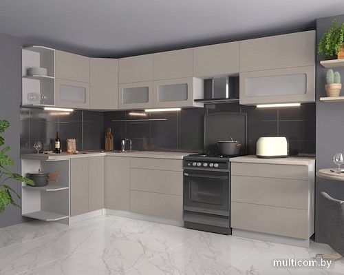 Угловая кухня Интерлиния Мила Матте 1.5x3.2 Б левая (луна/луна/травертин серый)