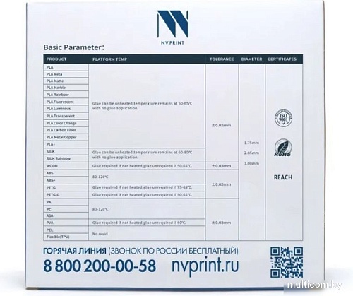 Пластик NV Print NV-3D-PLA-P-CYAN (1.75мм, 1 кг, Cyan)