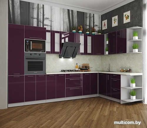 Готовая кухня Интерлиния Мила Пластик 1.88x3.4 правая (слива/слива глянец/опал светлый)