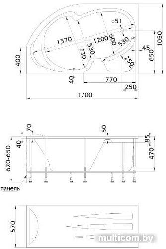 Ванна 1Марка Diana 170x105 L (с каркасом и экраном)