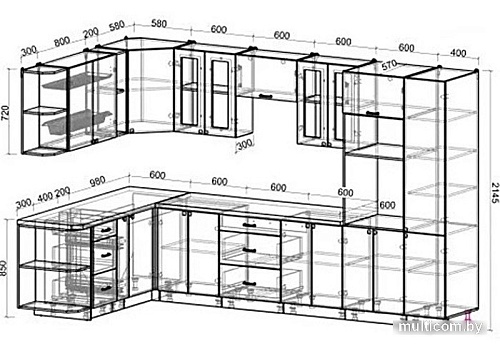 Готовая кухня Интерлиния Мила Деко 1.88x3.4 правая (мята-мята-травертин серый)