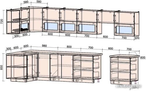 Угловая кухня Интерлиния Мила Матте 1.5x3.8 Б левая (слоновая кость/океан/опал светлый)