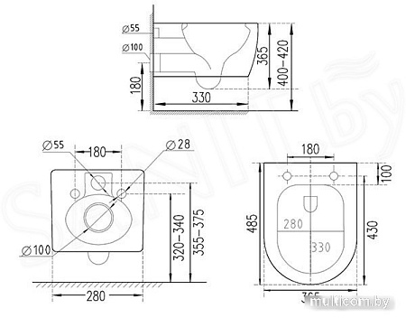 Унитаз подвесной Roxen Antares Black в комплекте с инсталляцией StounFix Slim 6 в 1 964909 (кнопка: белое стекло)