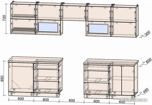 Кухня Интерлиния Мила Матте 3.0 Б (слоновая кость/мята/травертин серый)