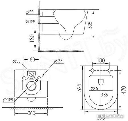 Унитаз подвесной Roxen Porto в комплекте с инсталляцией StounFix Slim 6 в 1 966779 (кнопка: серый гранит)
