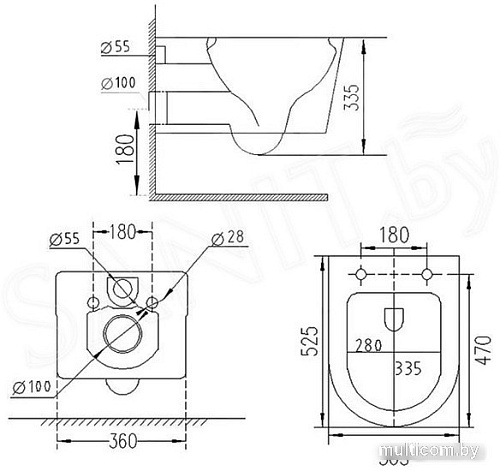 Унитаз подвесной Roxen Porto в комплекте с инсталляцией StounFix Slim 6 в 1 966779 (кнопка: серый гранит)